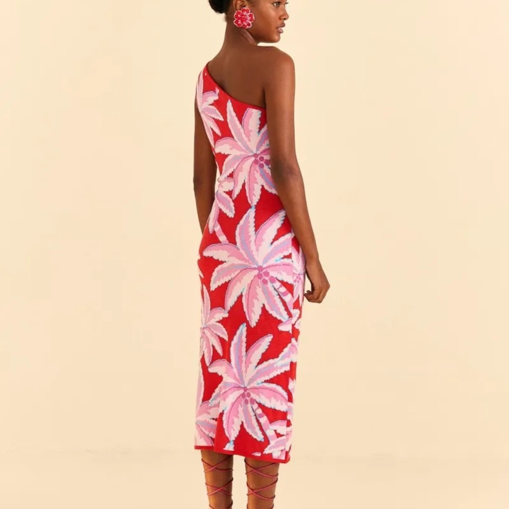 FARM Rio Red One-Shoulder Tropical Palm Maxi Dress with Pink Print - Picture 4 of 11